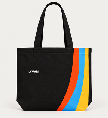 Black LVMARI tote with orange, blue and yellow stripe