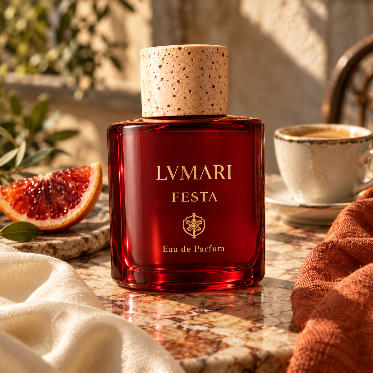 FESTA bottle with espresso, blood orange and soft fabrics