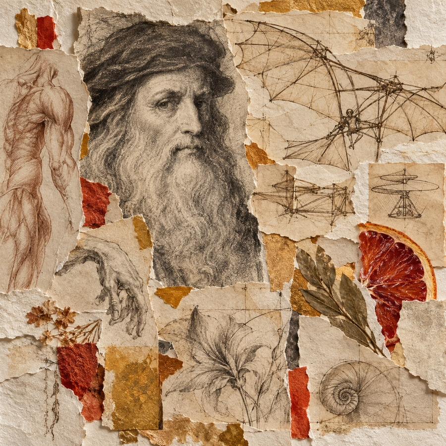 Leonardo da Vinci collage with sketches and blood orange