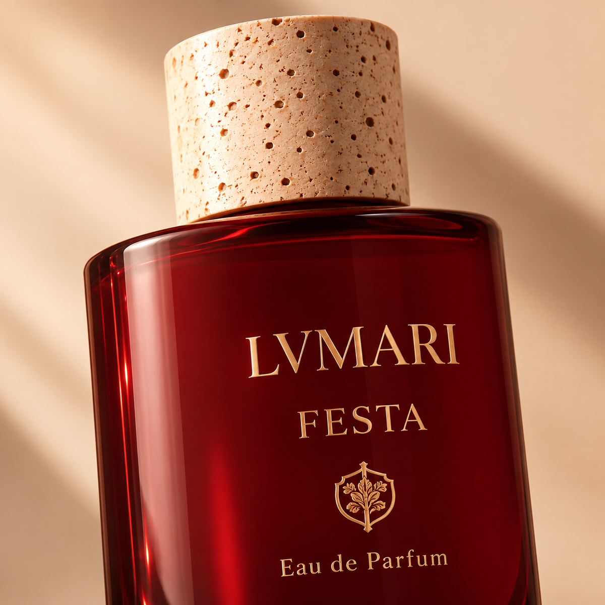 Close-up of LVMARI FESTA Eau de Parfum bottle and cork cap