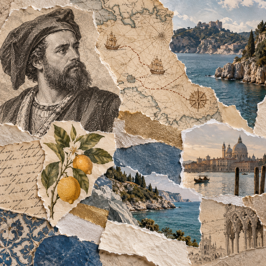 Marco Polo collage with maps and coastal imagery