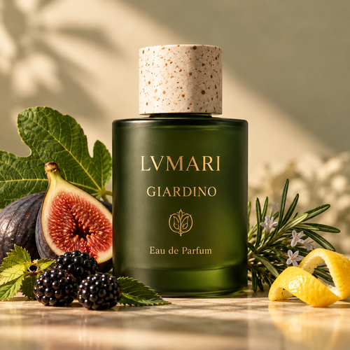 LVMARI GIARDINO frosted green Eau de Parfum bottle with fig and blackberry