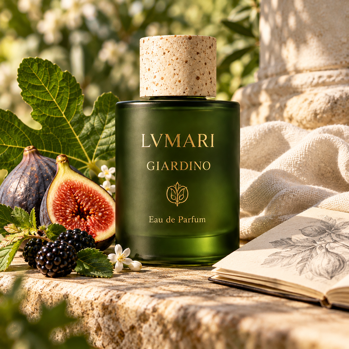 GIARDINO bottle with figs, linen and sketchbook