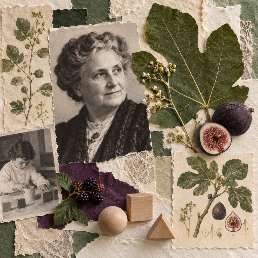 Maria Montessori collage with botanicals and learning elements