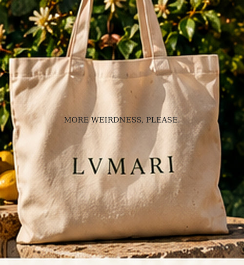 LVMARI cotton tote with MORE WEIRDNESS, PLEASE.